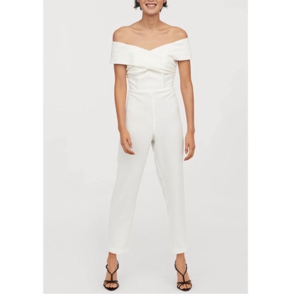 H&M White Off-The-Shoulder Hooded Jumpsuit